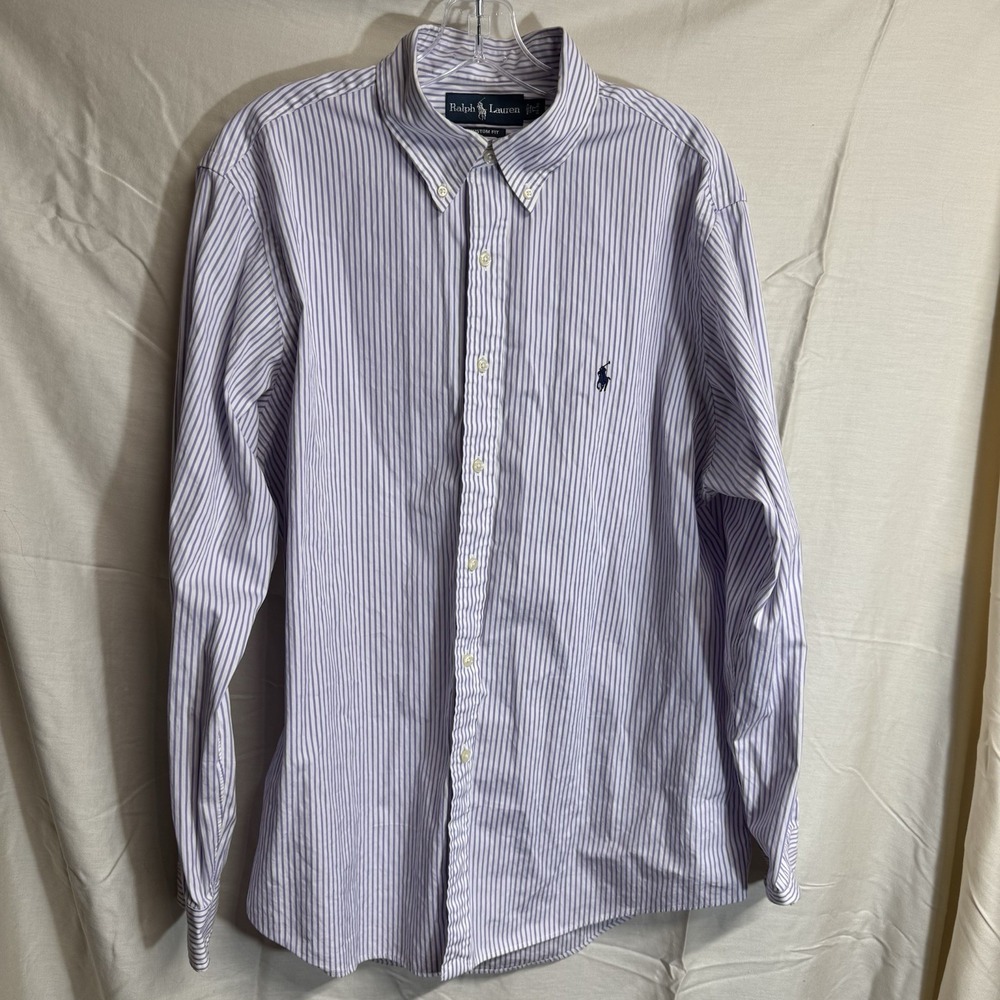 Ralph Lauren Custom Fit Purple Stripe L/S Button Up Shirt Men's Size XL 17 34/35
